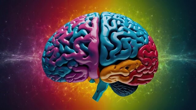 Colorful artistic rendition of a human brain exploding with colors
