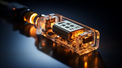 A sleek electronic device with a vibrant screen rests on a wooden table