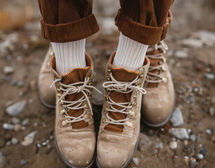 Couple's Hiking Adventure. Close-up of a couple's feet in sturdy boots, ready for a hike, symbolizing shared adventures and exploration.