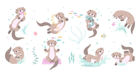 Cute otters characters. Otter poses isolated cartoon set. Funny animals swimming in river or lake, eating and playing. Nature nowaday vector clipart