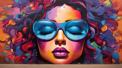 A painting of a glamorous womans face wearing stylish sunglasses
