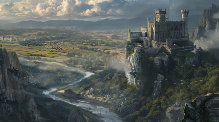 Medieval Castle A majestic medieval castle perched atop a rocky cliff overlooking a picturesque countryside dotted with rolling hills and meandering rivers evoking a sense of history and romance. - Powered by Adobe