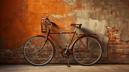 A red bike leaning against a weathered brick wall - Powered by Adobe
