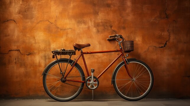 A vibrant red bike stands parked in front of a weathered brown wall