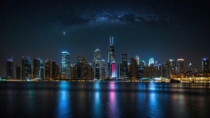 Fototapeta premium City skyline with twinkling stars and radiant skyscrapers at night