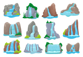 Isolated waterfall. Cartoon waterfalls, nature landscape elements. River and lakes, mountains, rocks and tree. Water streams, touristic neoteric vector set
