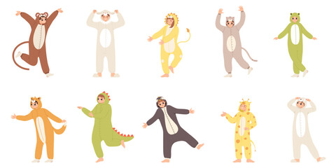 People wear animal pajamas. Cartoon pajama party person. Happy young adult characters in cute costumes, jumping and having fun, snugly vector set