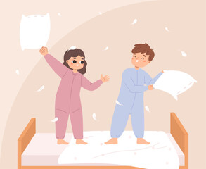Kids pillow fight on bed. Siblings playing and wearing pajamas. Funny cartoon children before or after sleep. Toddlers having fun, snugly vector scene