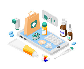 Online pharmacy isometric concept. Different medications on smartphone screen, pills and bandage. Hospital equipment, flawless vector scene