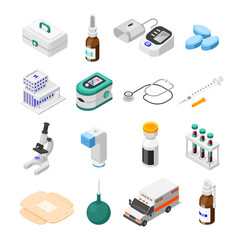 Isometric pharmacy supplies. Ambulance, hospital clinic elements, equipment and medications. Laboratory tools, medicine flawless vector set