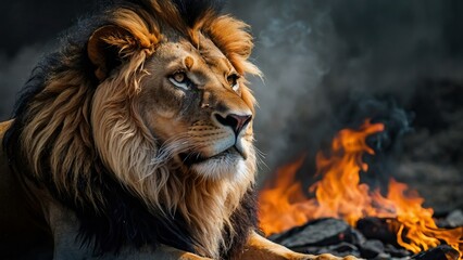 Obraz premium Majestic lion before a backdrop of raging flames
