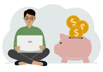 A man sits cross-legged with a laptop next to a pig piggy bank. Earning money, saving, saving money. Vector flat illustration