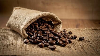 Roasted coffee beans in a burlap sack on a textured surface