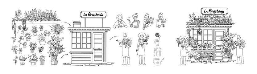 detailed drawing of a European flower shop. Vector illustration