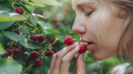 A woman enjoying the taste of ripe red raspberries while picking them in a lush green garden. Close-up of a woman savoring the fresh taste of ripe berries, amidst a verdant backdrop. AIG50