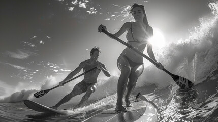 Una mujer y un hombre practicando paddlesurf cogiendo olas en el mar.