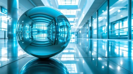   A glass ball rests atop a reflective floor, facing a sizable room adorned with numerous windows