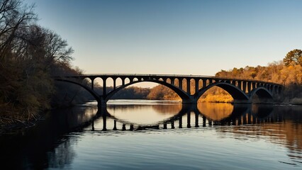 Obraz premium Curved bridge spanning over a river with reflection at sunset