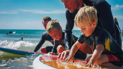 Profesor de Surf con sus alumnos  de 8 años practicando en el mar