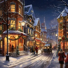 Stock illustration. People in a snowy street at night. Christmas.