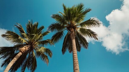 Upward view of palm trees against a serene blue sky with clouds
