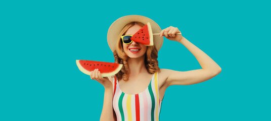 Summer portrait of happy young woman with fresh juicy fruits, lollipop and slice of watermelon