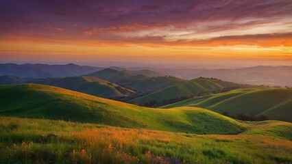Fototapeta premium Vibrant sunset over serene rolling hills under a painted sky