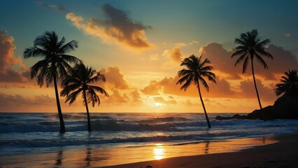 Silhouetted palm trees against a vibrant tropical sunrise