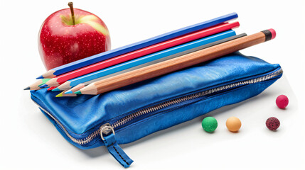 Blue pencil case with school stationery apple and book - Powered by Adobe