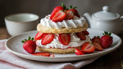 Fresh strawberry shortcake with whipped cream on a plate