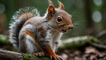Obraz premium Playful squirrel with bright eyes nibbles in the forest