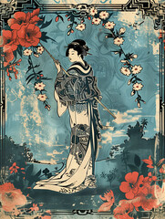 Samourai vintage Japanese print illustration 