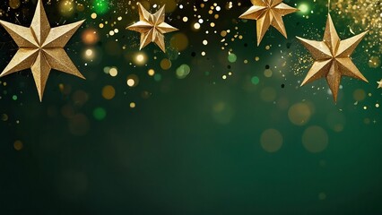 Festive gold and green Christmas background with stars and baubles