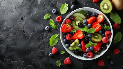   A bowl of kiwis, raspberries, and mint leaves against a black backdrop ..Or, if you want to keep kiwis