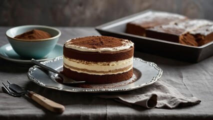 Layered tiramisu cake with whipped cream and cocoa on a plate