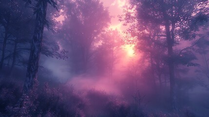 Fototapeta premium A poetic scene of an early morning forest shrouded in mist, with the air tinted by hints of lilac, creating a mystical and otherworldly atmosphere.