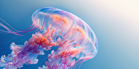 Naklejka premium lose-up of a jellyfish's wavy tentacles, highlighting the vibrant orange and pink hues 