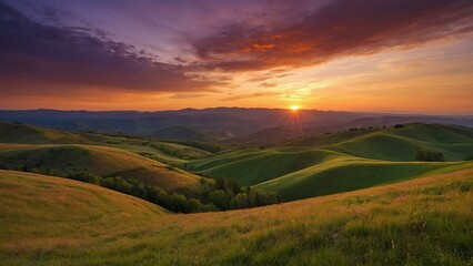 Vibrant sunset over serene rolling hills under a painted sky