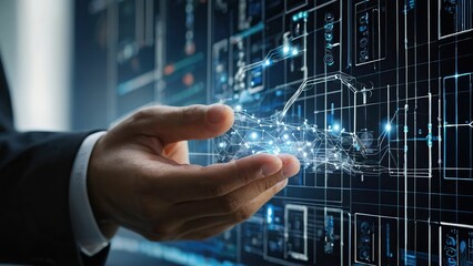 Futuristic digital touch concept with human hands and interface