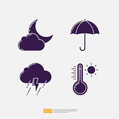 Night Weather with Moon and Cloud, Umbrella, Lightning Rainy season, Summer Temperature Thermometer. Weather Icons Collection Set Vector illustration