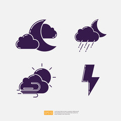 Night Weather, Cloud Moon Night and Heavy Rain Drops, Wind Blow Flowing, Lightning Thunder. Weather Icons Collection Set Vector illustration