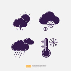 Lightning Cloud and Sun Rainy season, Winter Snow snowflake, Heavy Rain Forecast, Winter Temperature Thermometer. Weather Icons Collection Set Vector illustration