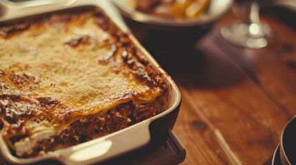 Golden Baked Lasagna in Casserole Dish Close-Up