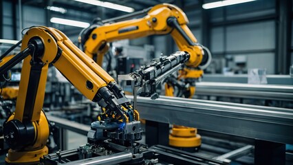 Fototapeta premium Row of robotic arms on an automated production line in a modern factory