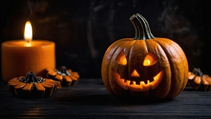 Jack o lanterns and candles glowing in a spooky Halloween setup
