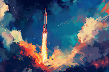 Obraz premium A painting showcasing a white and red rocket taking off