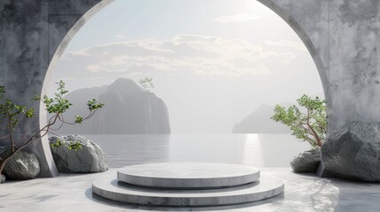Fototapeta premium A large stone archway leads to a beautiful, serene lake