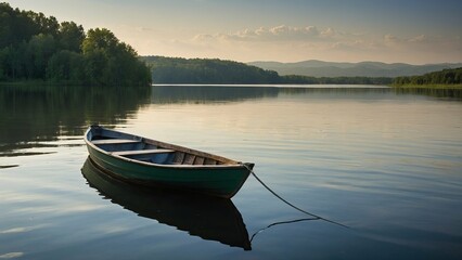 Obraz premium Tranquil lake scene with boat and mountain backdrop
