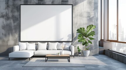 A large white wall with a white couch and a coffee table in front of it