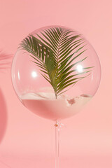 giant transparent balloon with palm leaves and sand inside on a pink background in a minimalistic style, travel summer party concept